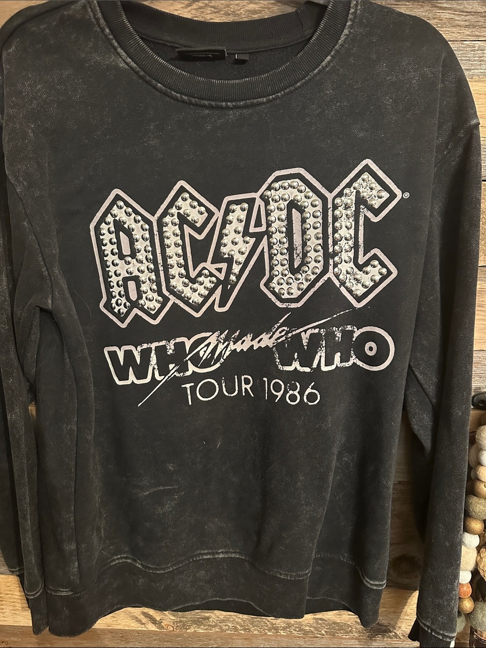 AC/DC Black Crewneck Sweatshirt with Silver Stud-Style Logo